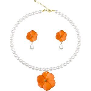 Flower Pearl Necklace Earrings for Women Boho Bridal Wedding Jewelry Floral Faux